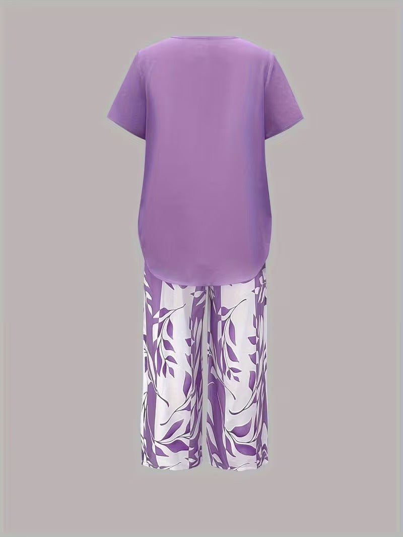 Women's Relaxed-Fit Short-Sleeve Leaf Print Two-Piece Pants Set