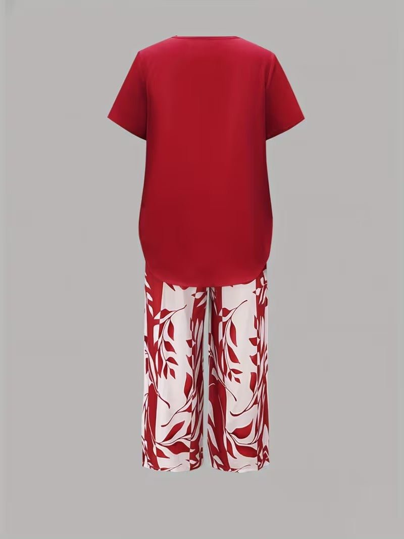 Women's Relaxed-Fit Short-Sleeve Leaf Print Two-Piece Pants Set