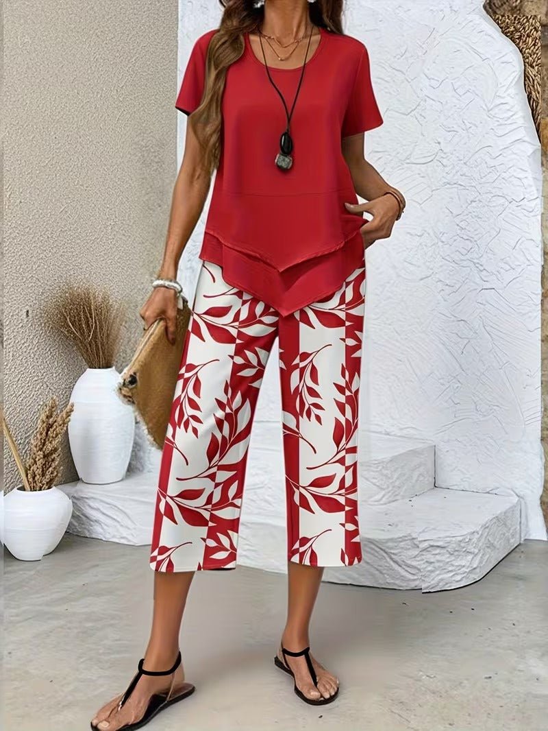 Women's Relaxed-Fit Short-Sleeve Leaf Print Two-Piece Pants Set - Red