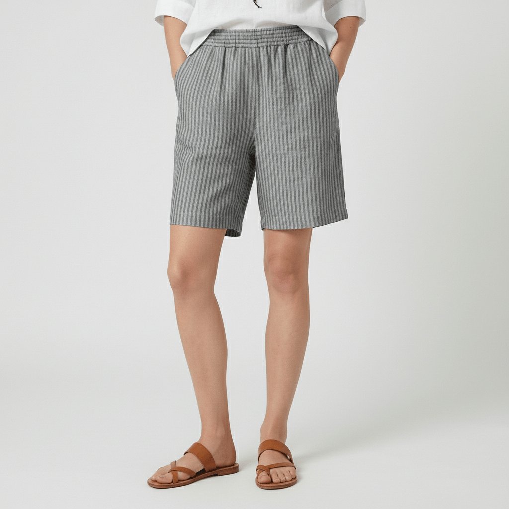 Women's Relaxed-Fit Striped Elastic-Waist Bermuda Shorts - Stone Grey