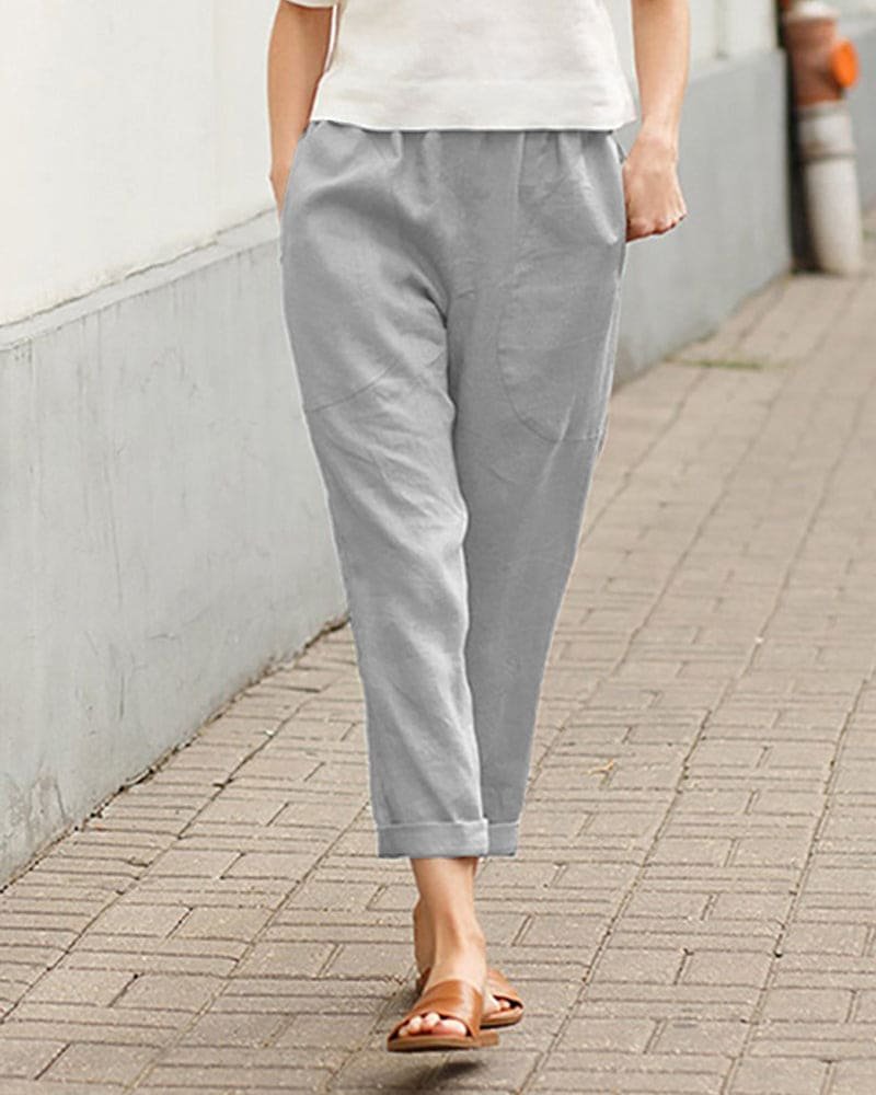 Women's Relaxed-Fit Tapered Linen-Cotton Pants Elastic Waist - Gray