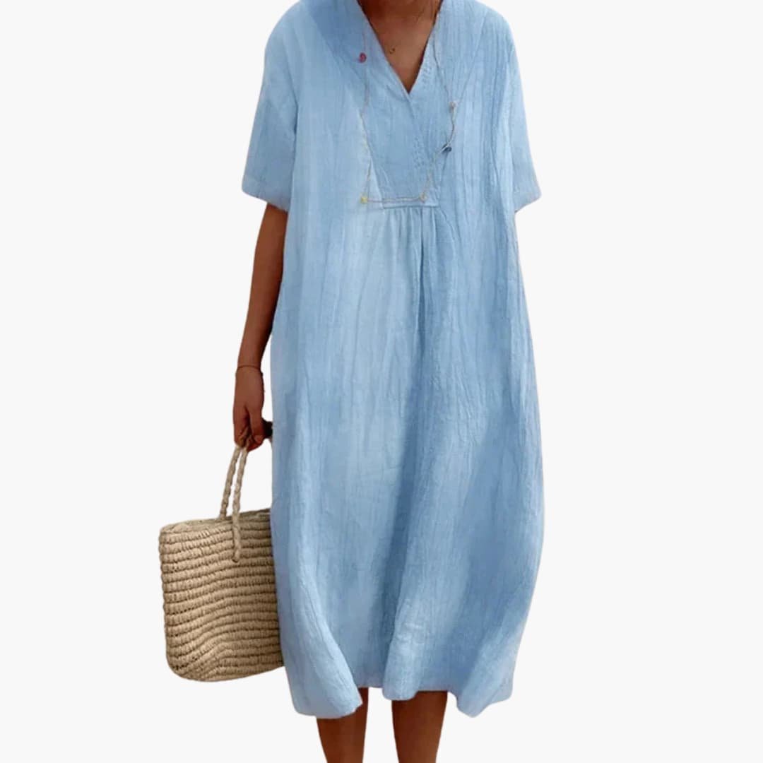 Women's Relaxed-Fit V-Neck Button-Placket Linen Midi Dress - Blue