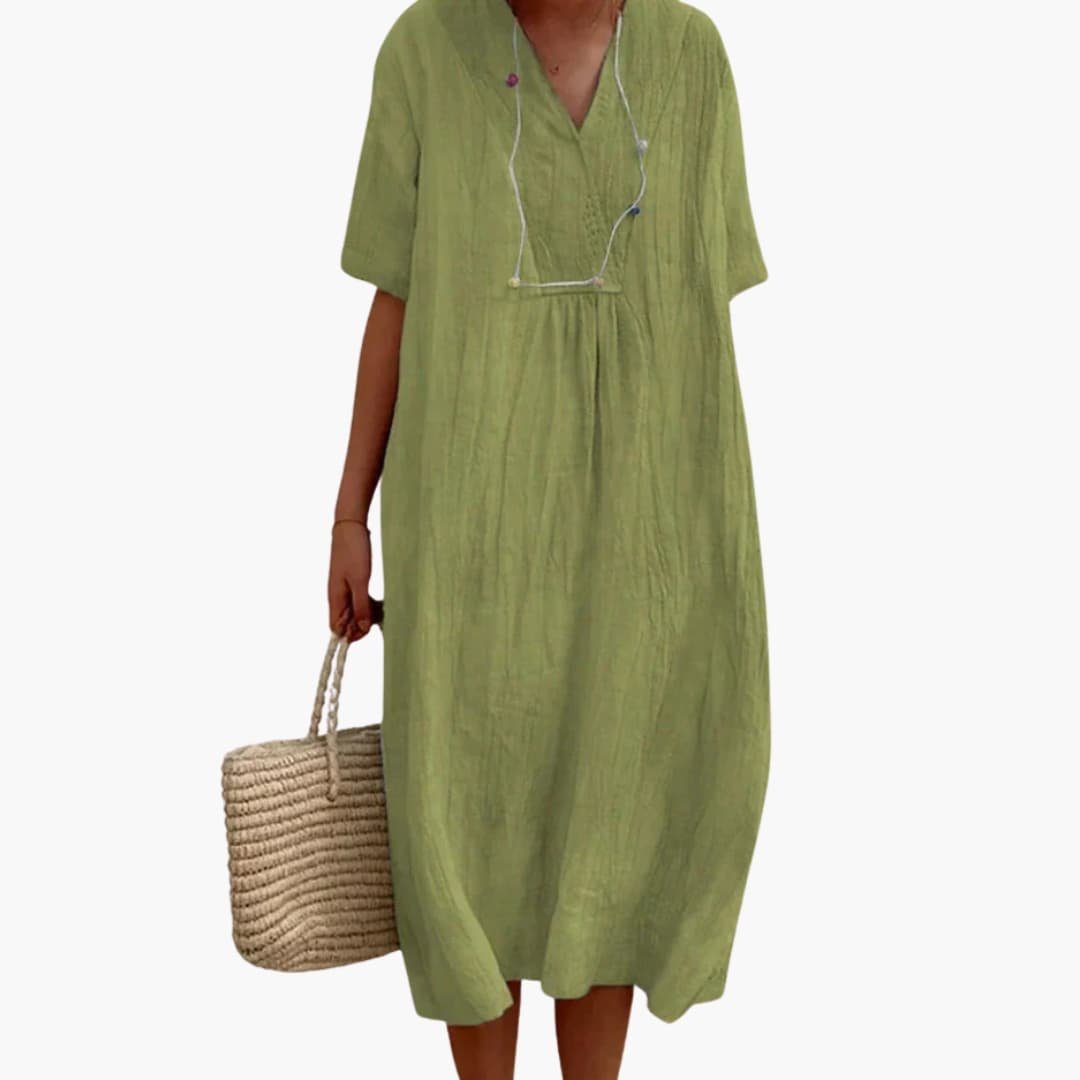 Women's Relaxed-Fit V-Neck Button-Placket Linen Midi Dress - Green