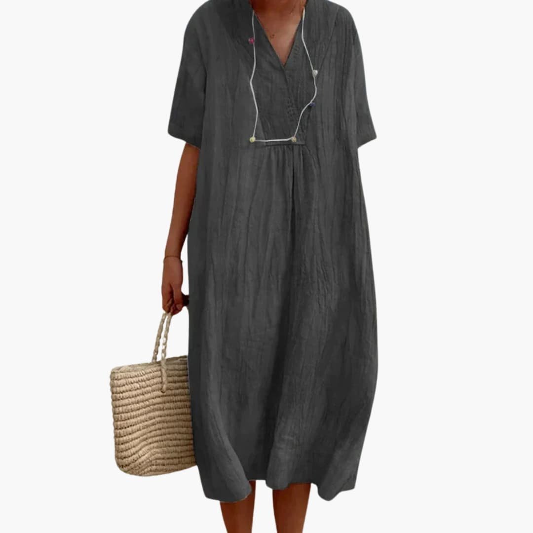 Women's Relaxed-Fit V-Neck Button-Placket Linen Midi Dress - Black