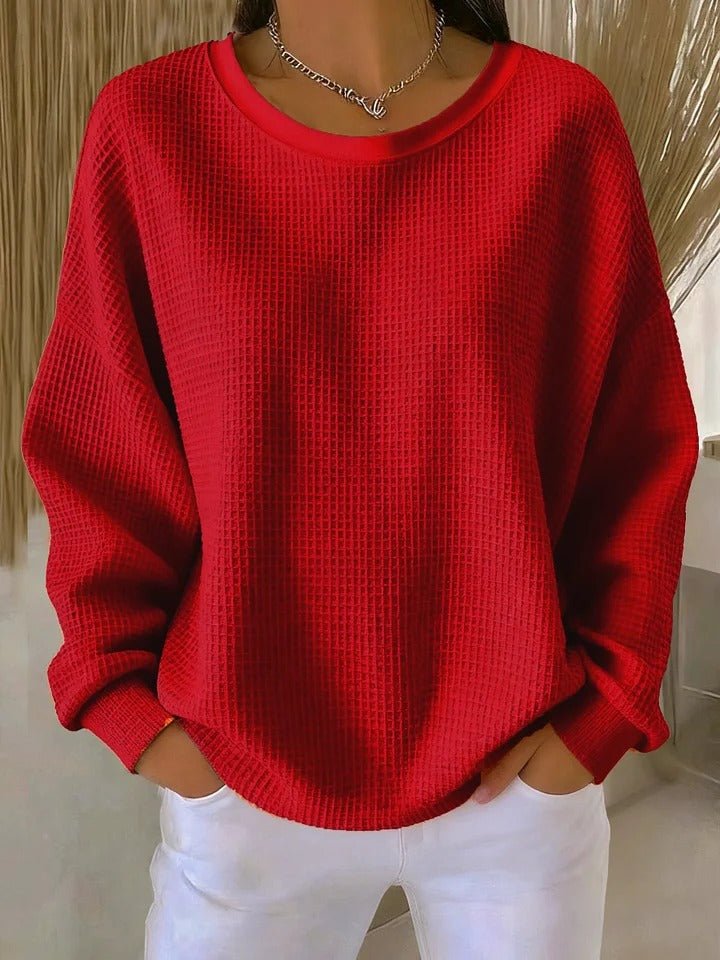 Women's Relaxed-Fit Waffle-Knit Long-Sleeve Pullover Sweater - Red