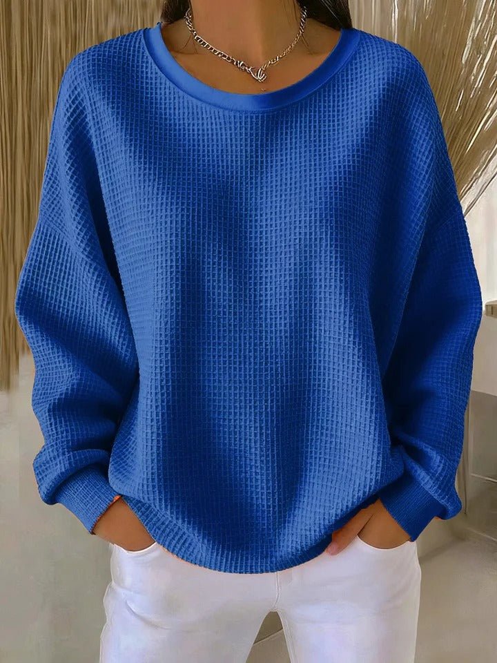 Women's Relaxed-Fit Waffle-Knit Long-Sleeve Pullover Sweater - Blue
