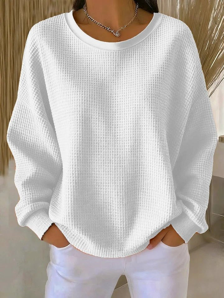 Women's Relaxed-Fit Waffle-Knit Long-Sleeve Pullover Sweater - White
