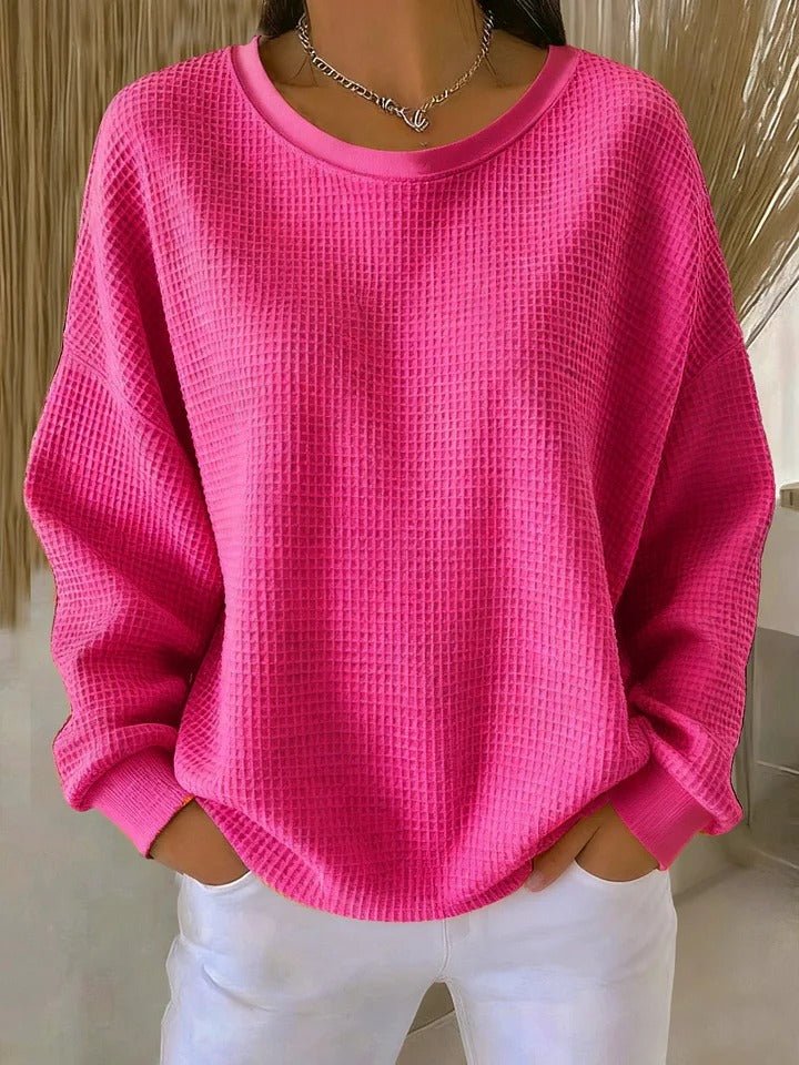 Women's Relaxed-Fit Waffle-Knit Long-Sleeve Pullover Sweater - Fuchsia