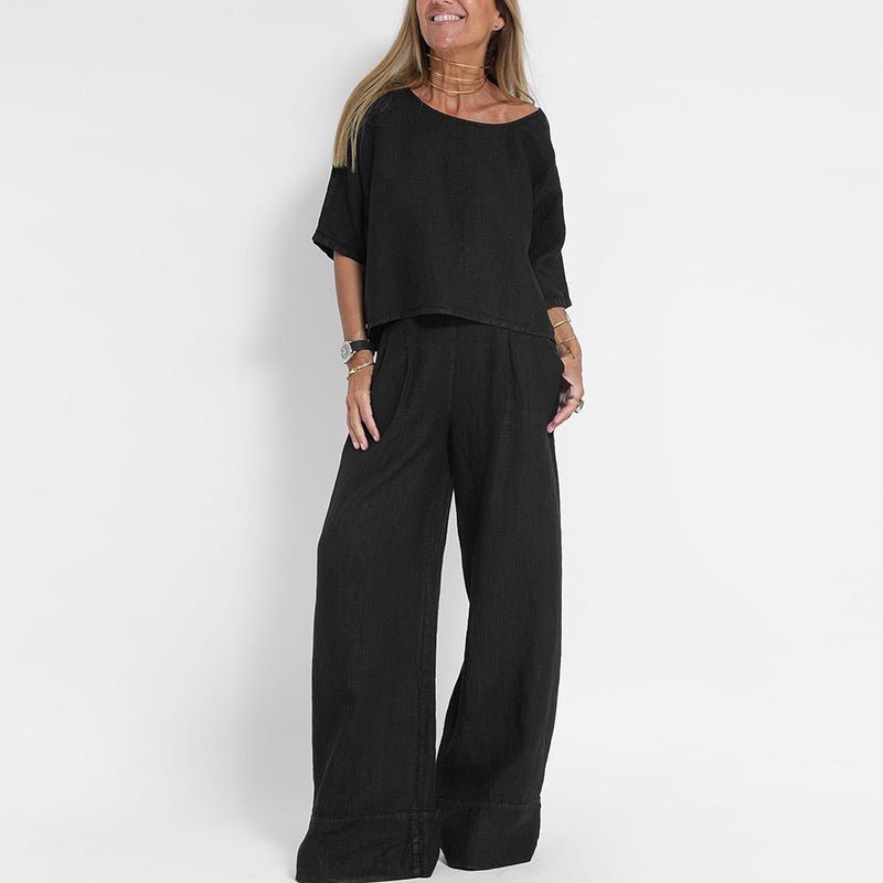 Women's Relaxed-Fit Wide-Leg Linen Two-Piece Lounge Set - Black