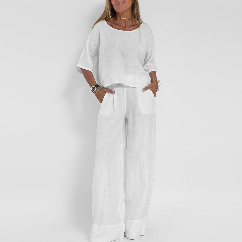 Women's Relaxed-Fit Wide-Leg Linen Two-Piece Lounge Set - White