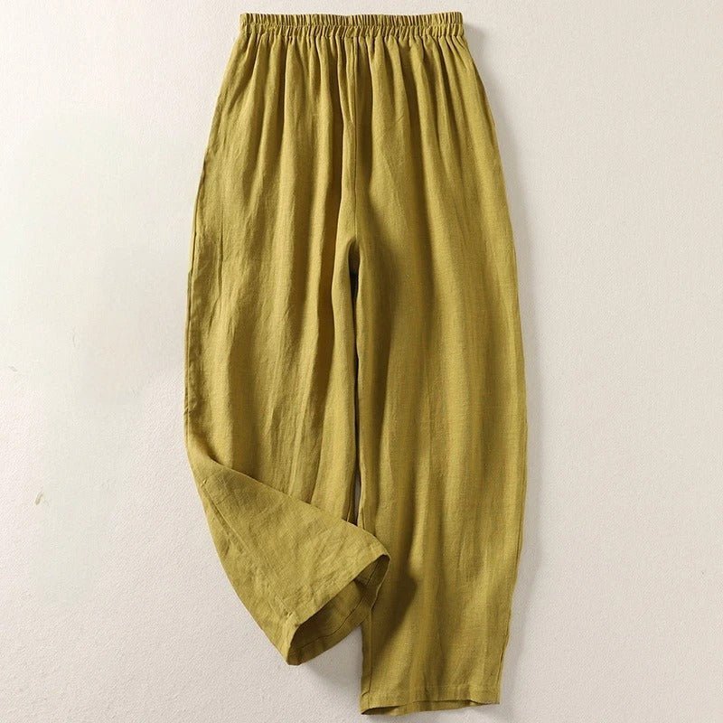 Women's Relaxed High-Waist Elastic-Waist Linen Pants - Olive