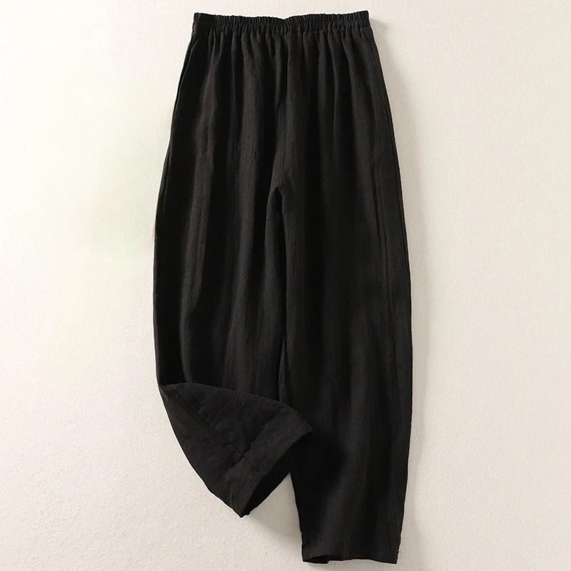 Women's Relaxed High-Waist Elastic-Waist Linen Pants - Black