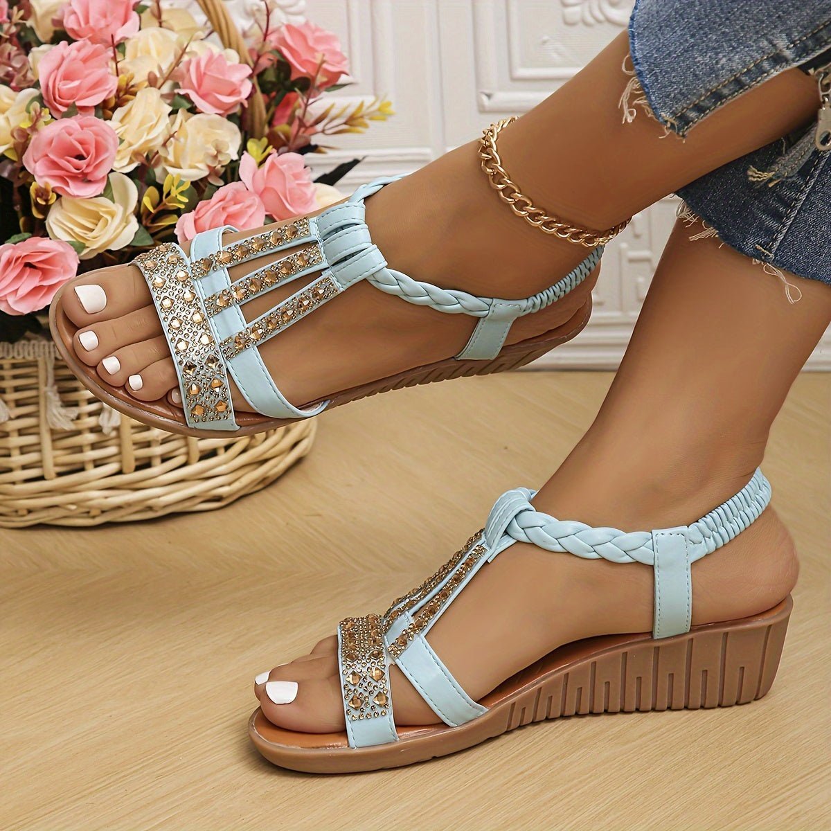 Women's Rhinestone Embellished T-Strap Orthopedic Wedge Sandals - Light Blue