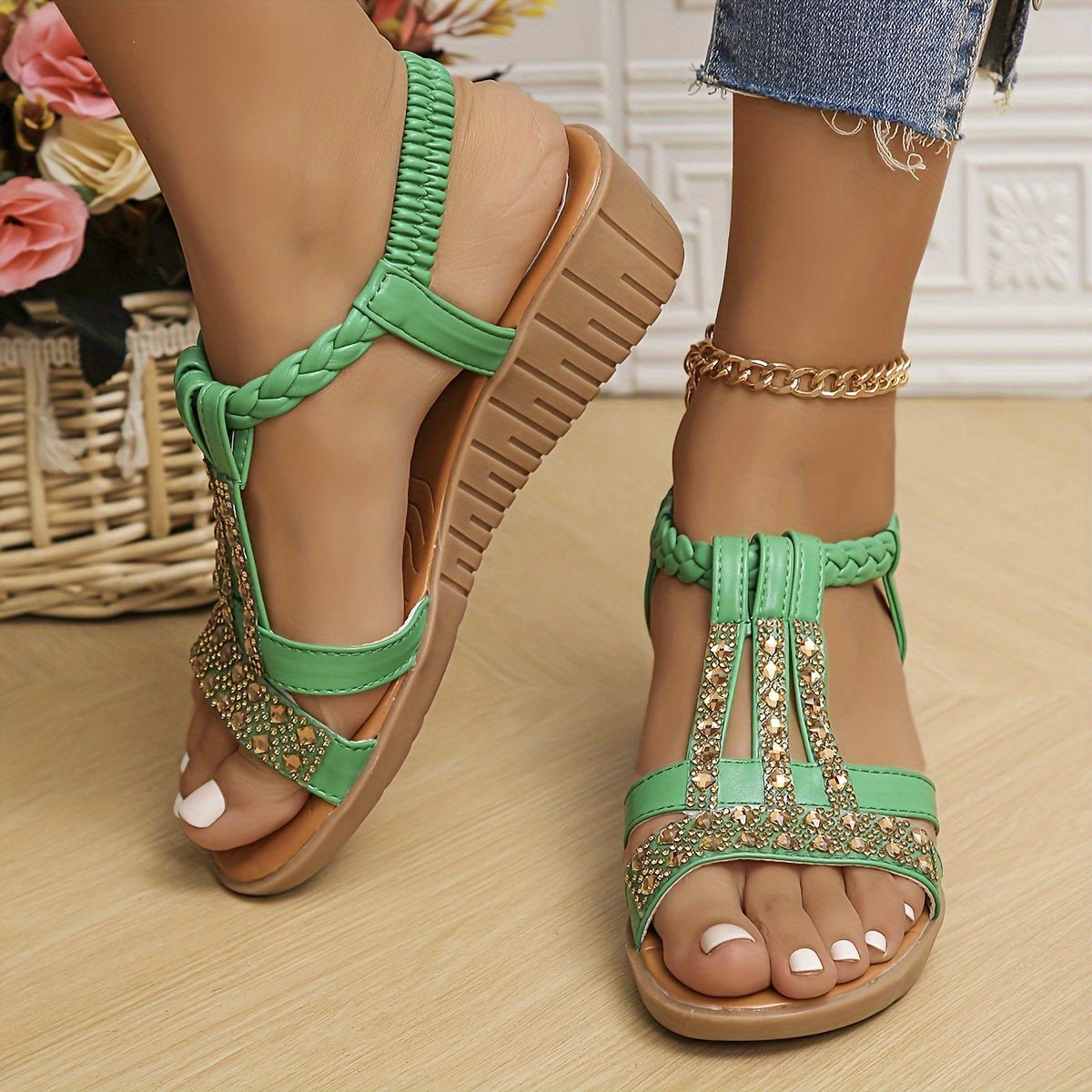 Women's Rhinestone Embellished T-Strap Orthopedic Wedge Sandals - Green