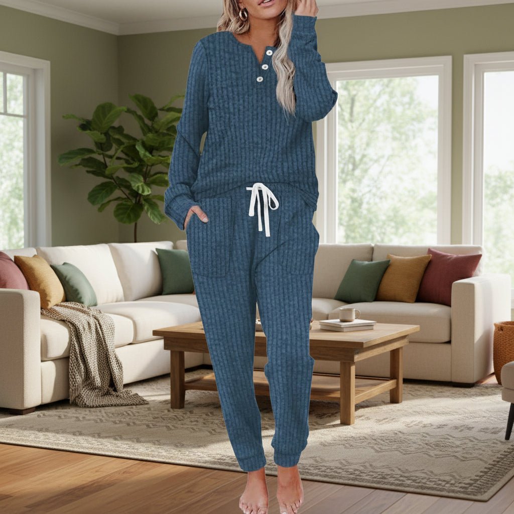 Women's Ribbed Long-Sleeve Button-Henley Drawstring Loungewear Set - Navy Blue