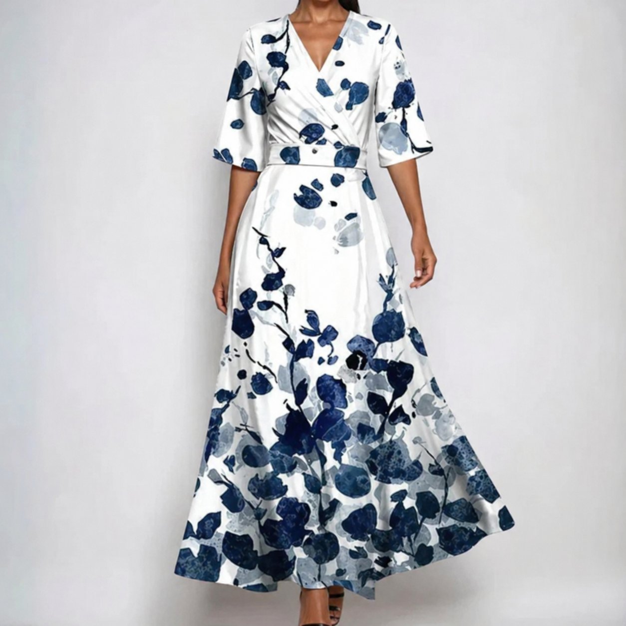 Women's Satin Floral Wrap V-Neck Belted Maxi Dress - White