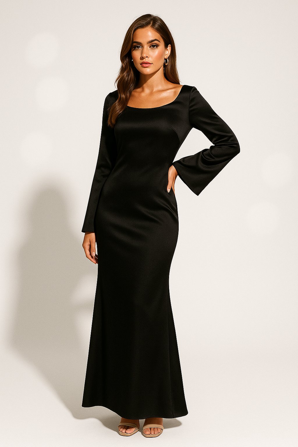 Women's Satin Long Sleeve Scoop Neck Fishtail Maxi Gown - Black