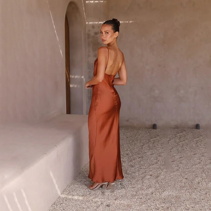 Women's Satin Open-Back Body-Con Spaghetti Strap Maxi Dress
