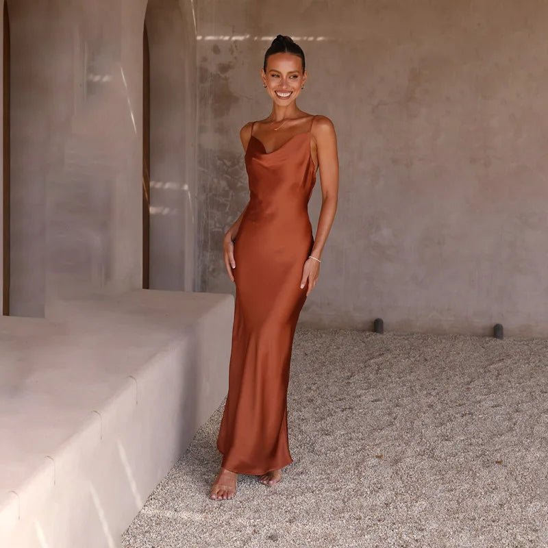Women's Satin Open-Back Body-Con Spaghetti Strap Maxi Dress
