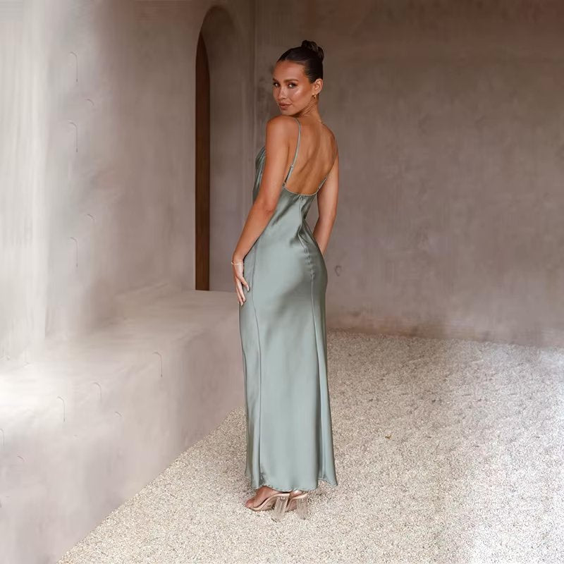 Women's Satin Open-Back Body-Con Spaghetti Strap Maxi Dress