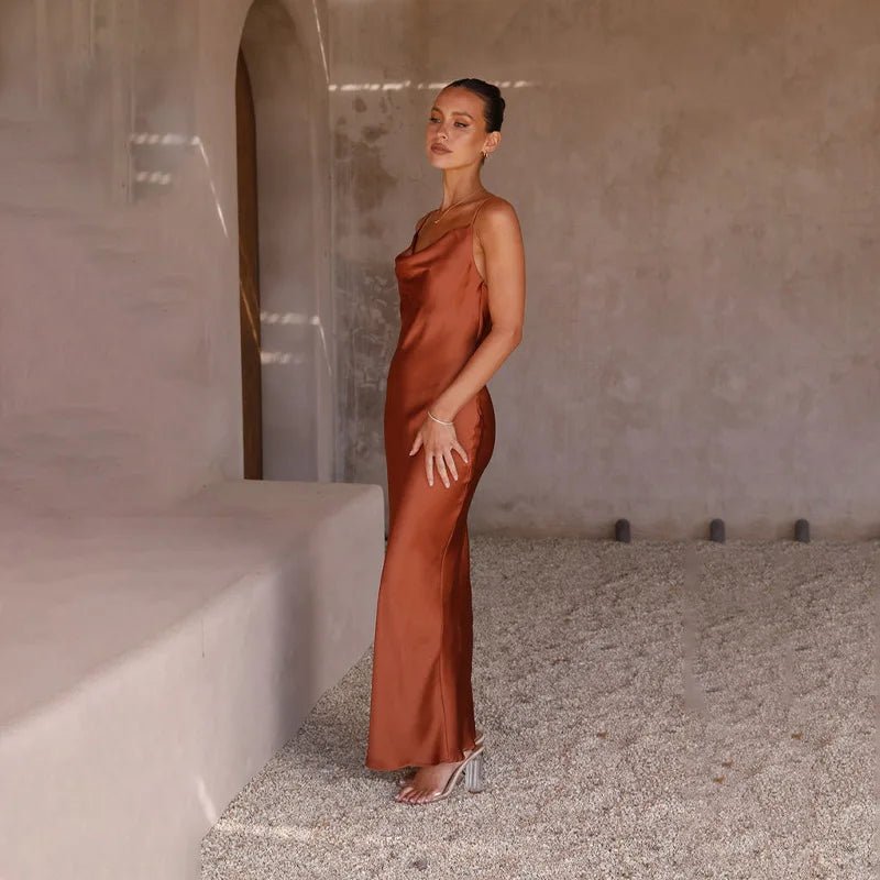 Women's Satin Open-Back Body-Con Spaghetti Strap Maxi Dress