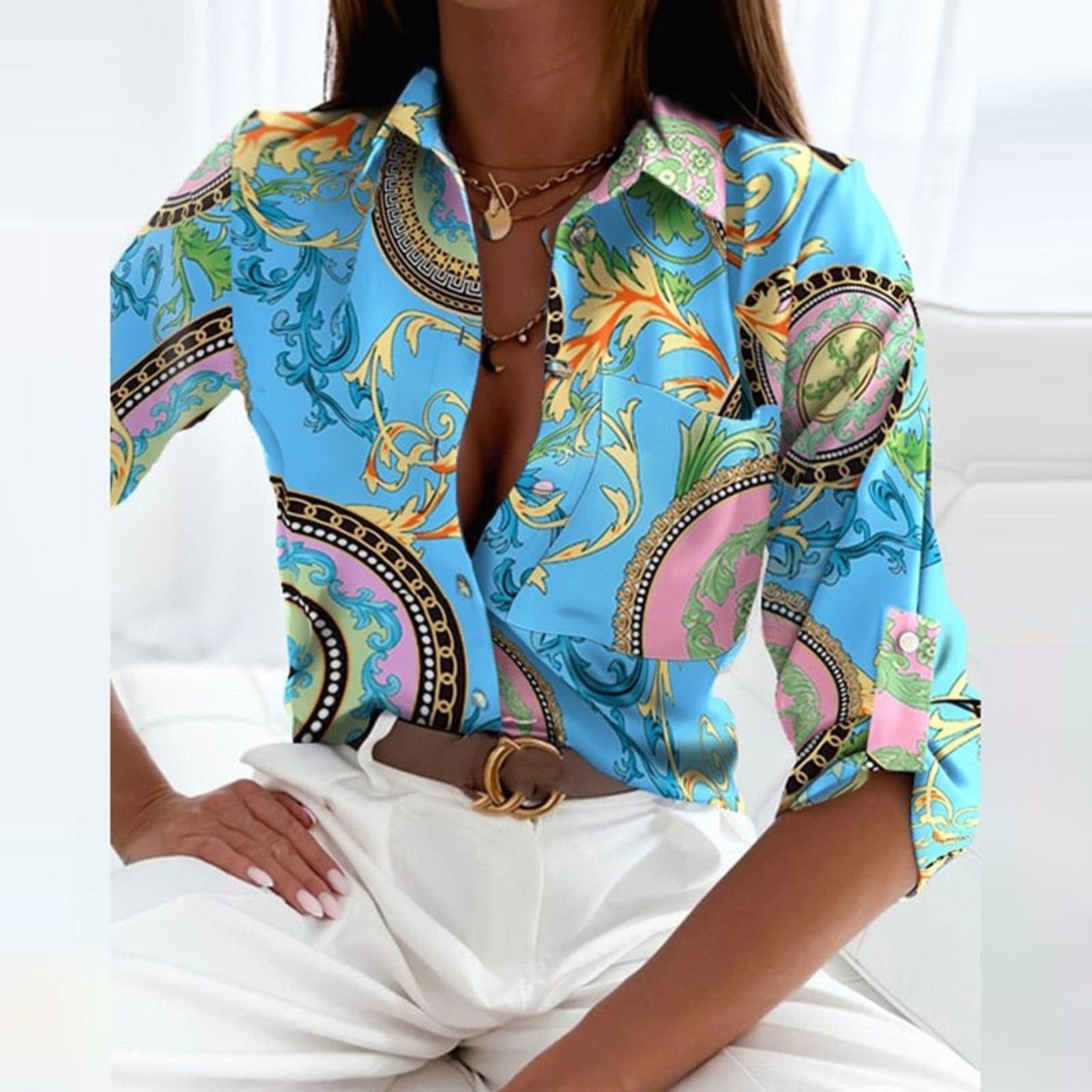 Women's Satin Striped Button-Down Long Sleeve Blouse - Light Blue