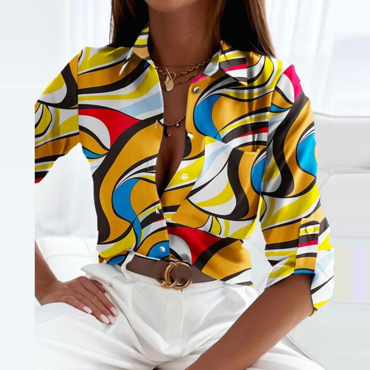 Women's Satin Striped Button-Down Long Sleeve Blouse - Yellow