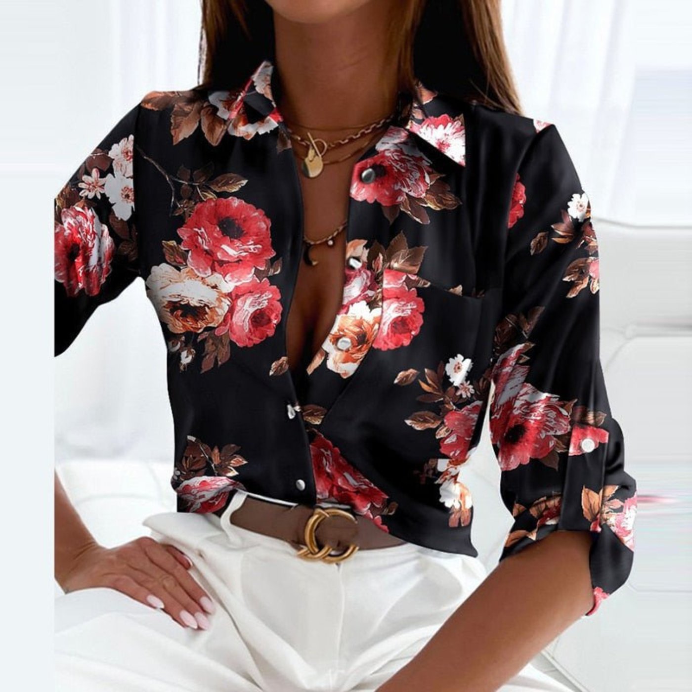 Women's Satin Striped Button-Down Long Sleeve Blouse - Black