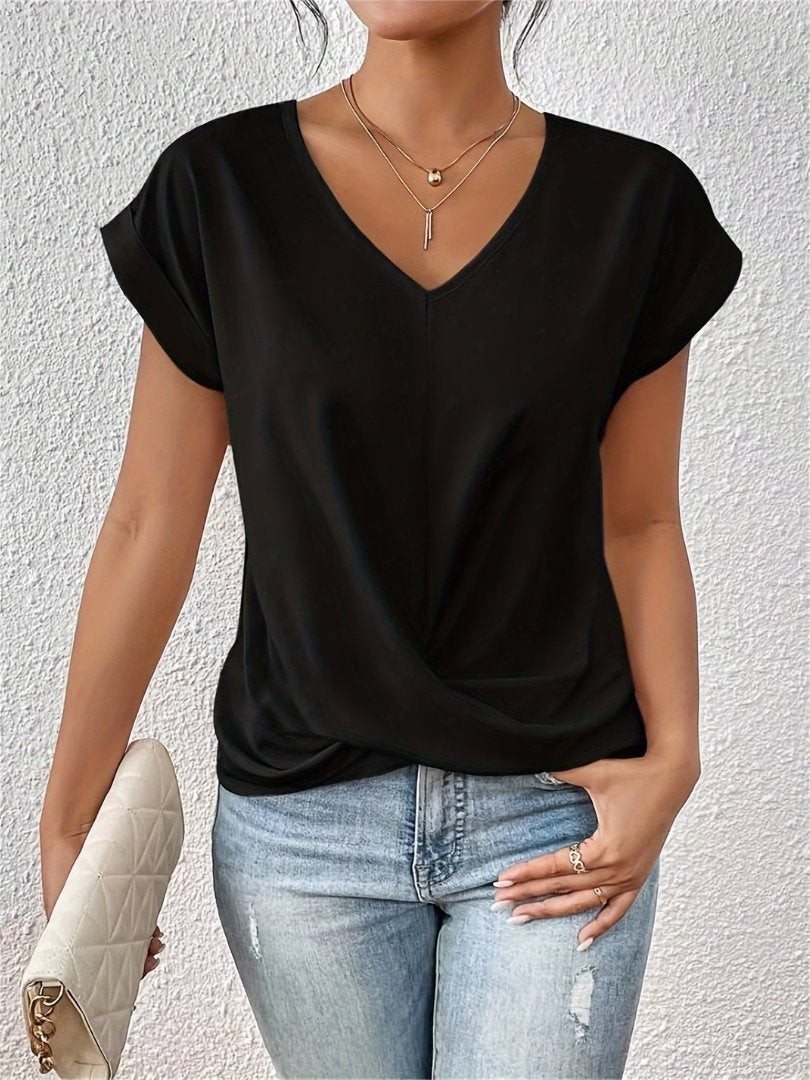Women's Satin Twist-Front V-Neck Short Sleeve Blouse - Black