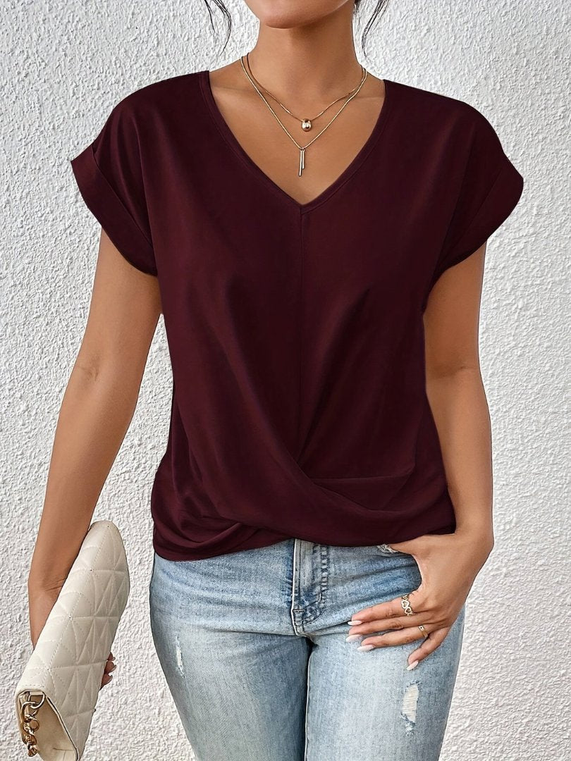 Women's Satin Twist-Front V-Neck Short Sleeve Blouse - Burgundy