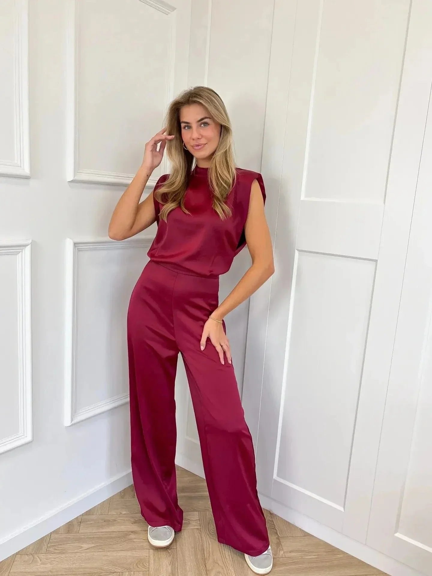 Women's Satin Wide-Leg Open-Back Sleeveless Jumpsuit