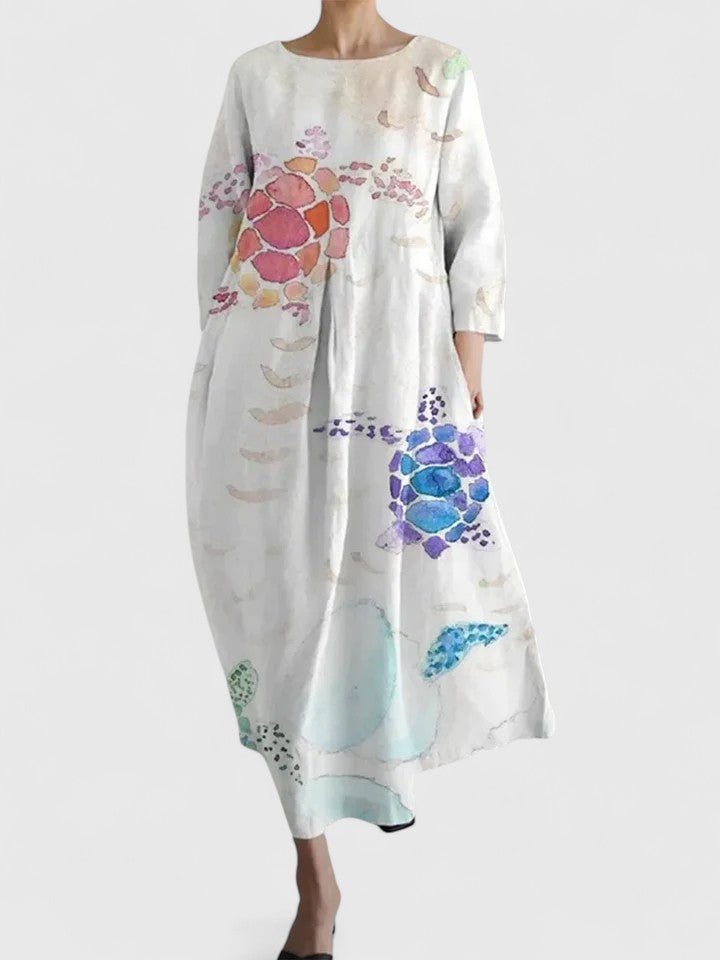 Women's Sea Turtle Print Relaxed-Fit 3/4 Sleeve Midi Dress - Flower 1