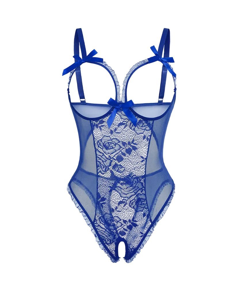 Women's Sheer Mesh Lace Open-Bust Crotchless Bodysuit - Blue