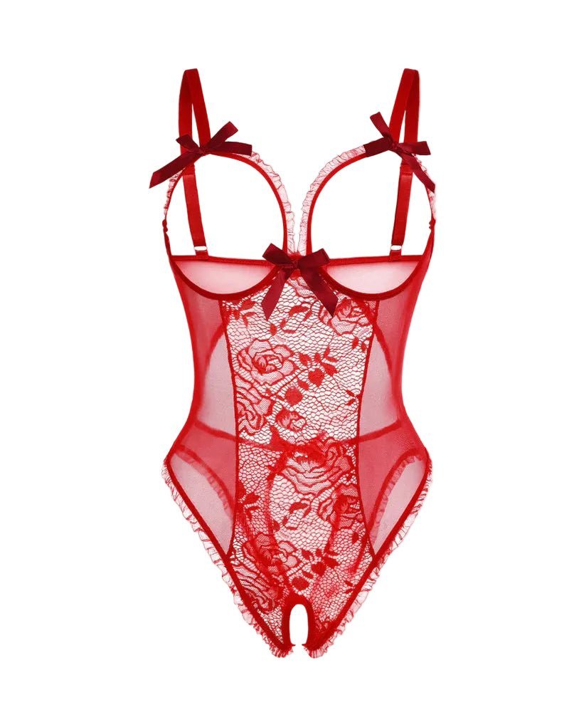 Women's Sheer Mesh Lace Open-Bust Crotchless Bodysuit - Red