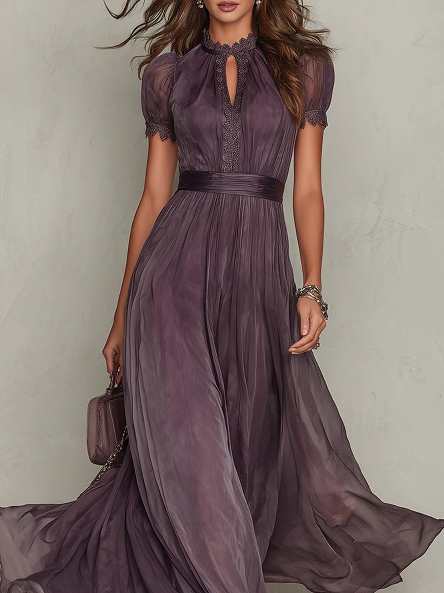 Women's Short Sleeve Keyhole Lace-Trim Chiffon Maxi Dress