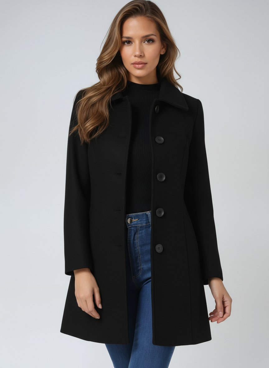 Women's Single-Breasted Structured Mid-Length Winter Coat - Black