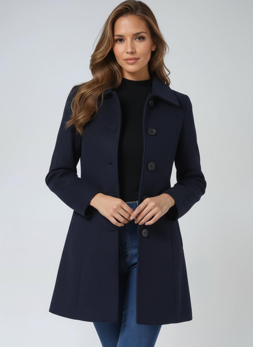Women's Single-Breasted Structured Mid-Length Winter Coat - Dark Blue