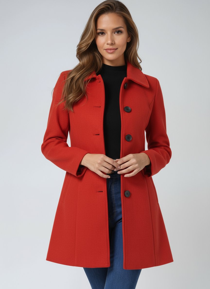 Women's Single-Breasted Structured Mid-Length Winter Coat - Red