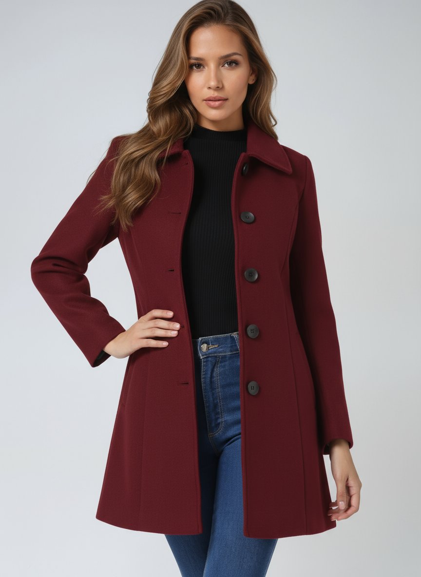 Women's Single-Breasted Structured Mid-Length Winter Coat - Dark Red