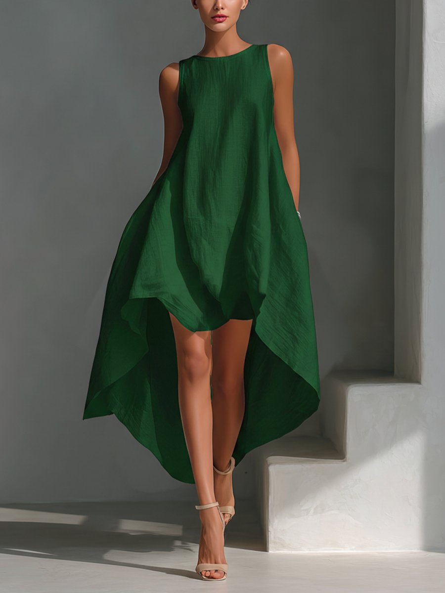 Women's Sleeveless Asymmetric Handkerchief-Hem Linen Midi Dress - Green