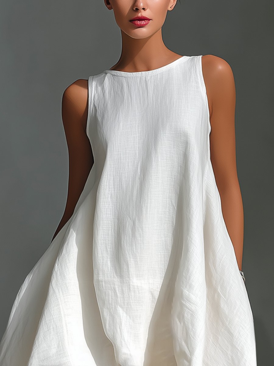 Women's Sleeveless Asymmetric Handkerchief-Hem Linen Midi Dress