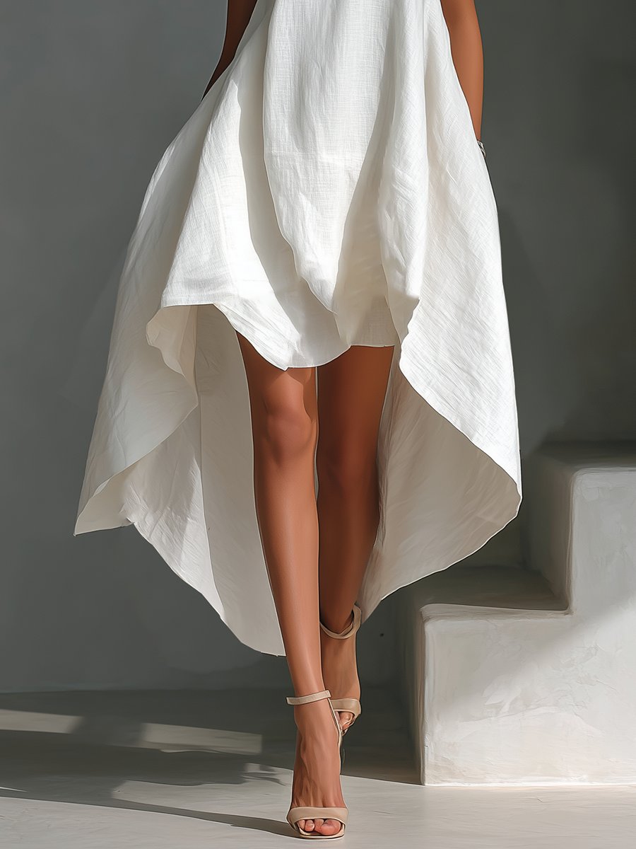 Women's Sleeveless Asymmetric Handkerchief-Hem Linen Midi Dress