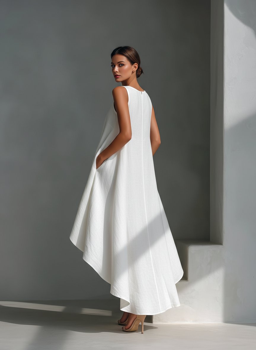 Women's Sleeveless Asymmetric Handkerchief-Hem Linen Midi Dress