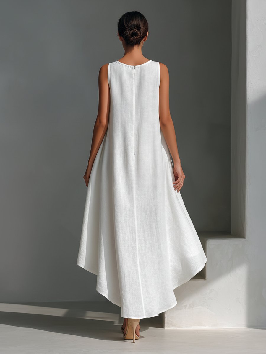 Women's Sleeveless Asymmetric Handkerchief-Hem Linen Midi Dress