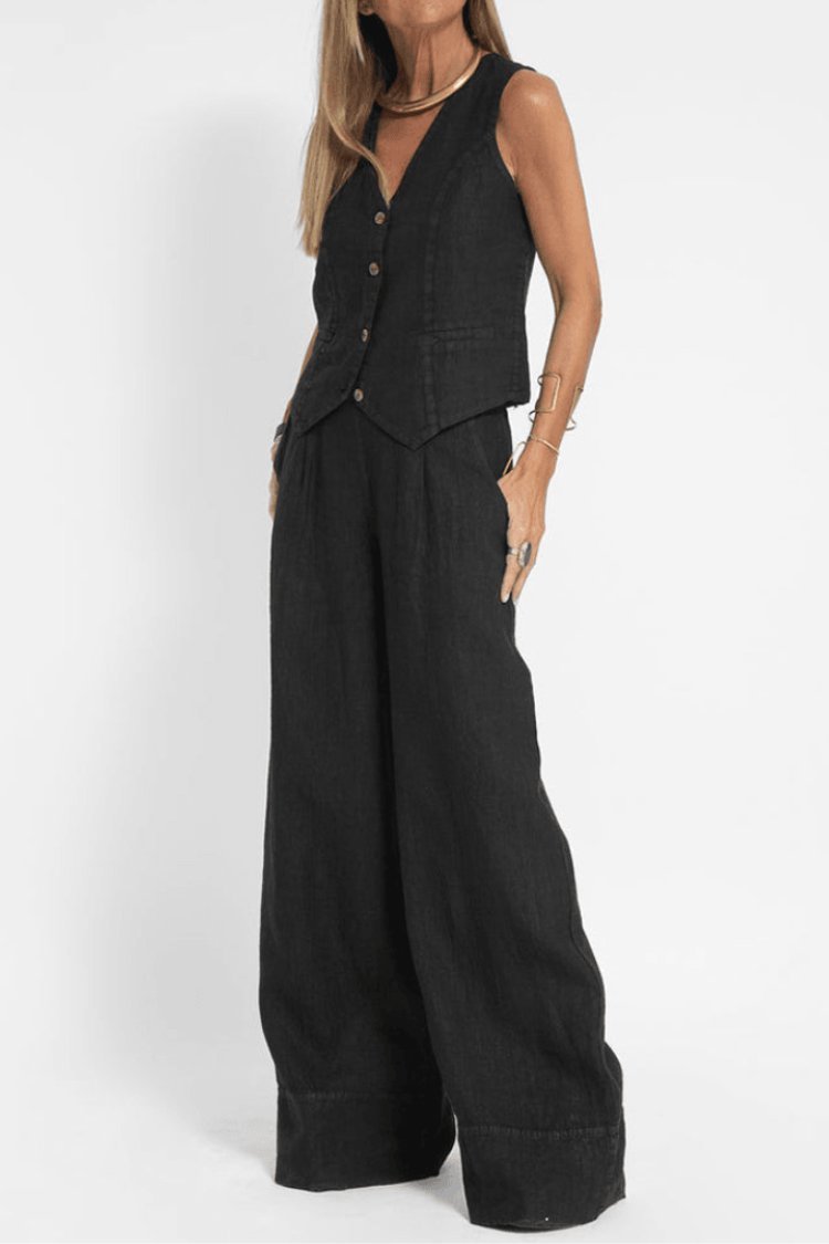 Women's Sleeveless Button-Front Wide-Leg Two-Piece Linen Set - Black