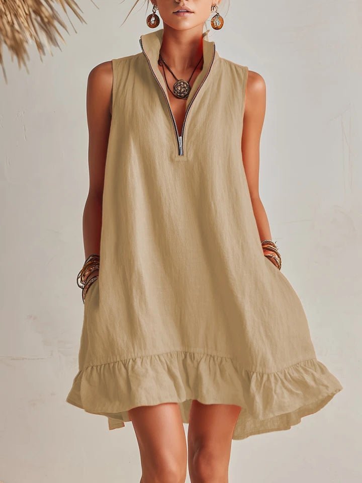 Women's Sleeveless Cotton-Linen Half-Zip Ruffle Hem Mini Dress - Light Khaki