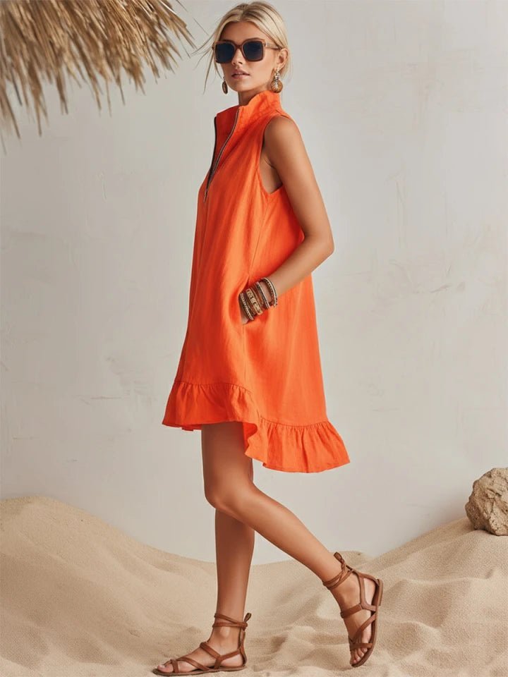 Women's Sleeveless Cotton-Linen Half-Zip Ruffle Hem Mini Dress
