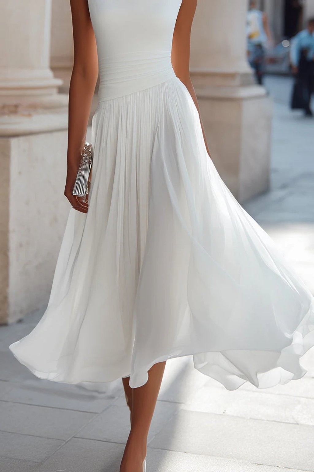 Women's Sleeveless Cowl-Neck Pleated A-Line Midi Dress