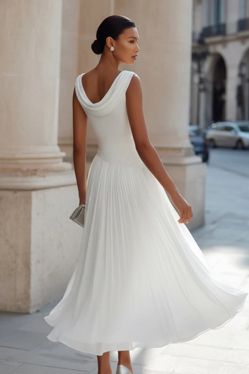 Women's Sleeveless Cowl-Neck Pleated A-Line Midi Dress