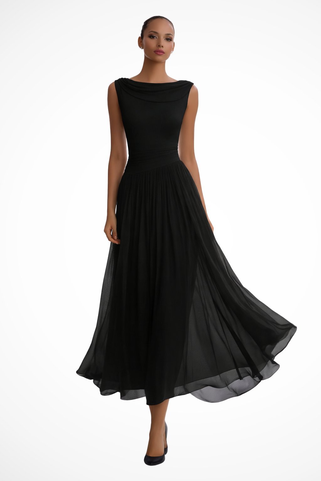 Women's Sleeveless Cowl-Neck Pleated A-Line Midi Dress - Black